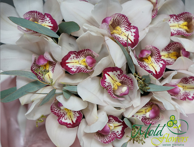 Heart-shaped box with white orchids photo
